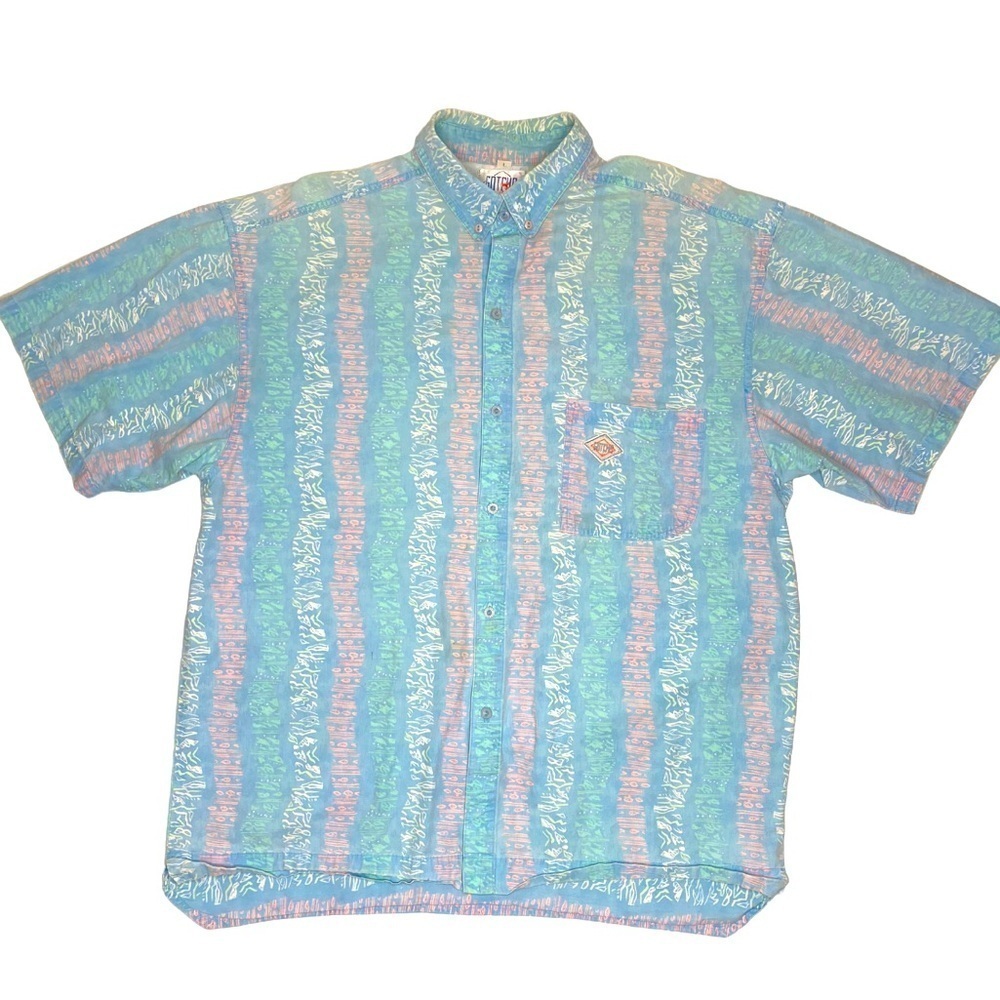 Vintage Gotcha Short Sleeve Faded Reverse Blue Casual Button Down Shirt Sz Lg